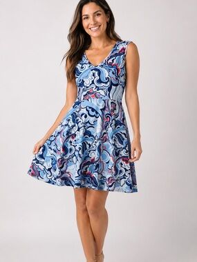 Krimson Klover Blue Red Wave Swirl Sleeveless Fit & Flare Active Travel Dress M